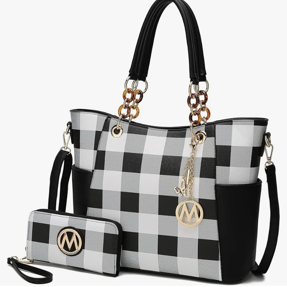 NWT Mia K Collection Black/White Checkered Tote with Wallet and Shoulder… - Picture 1 of 8